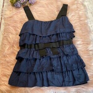 Anthropologie Bordeaux Blue Ruffle Layered Tank Top sz M